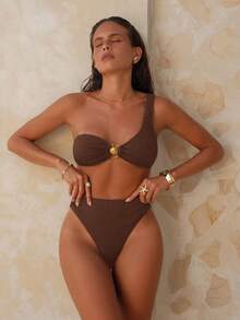 Swim Chiccia Women's Solid Color Asymmetric Neckline Metal Decor Bikini Set - Brown - View 3