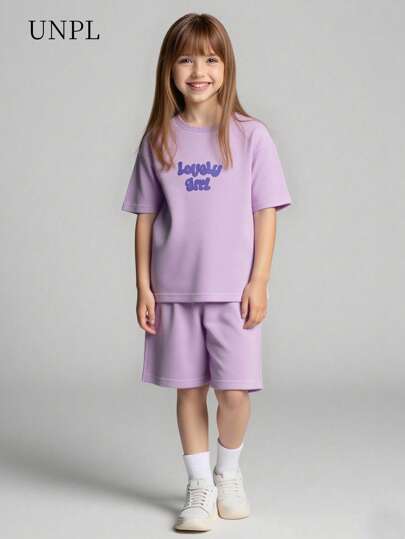 SHEIN Explorewe 2 件套女童可爱图案短袖 T 恤和下装，适合 8-12 岁，夏季