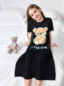 SHEIN 卡通熊印花長款睡袍 女孩睡袍 青少年女孩睡袍 小女孩睡袍 女孩睡裙 熊圖案睡衣裙 - 黑色 - 查看 5