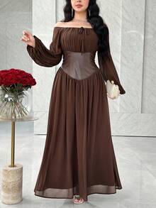Feyla Damen elegantes Kleid mit Off-Shoulder Silhouette und geraffter Taille - Braun - Übersicht 4
