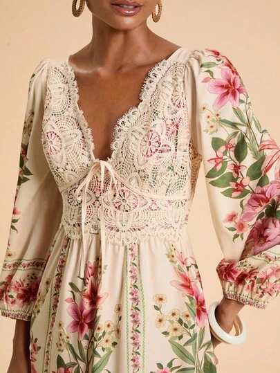 Travachic 女式度假花卉印花蕾丝拼布荷叶边褶皱长袖连衣裙