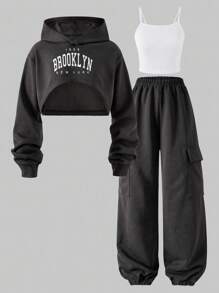SHEIN 3 件套青少年女孩休闲街头服饰套装，包括羊毛字母印花运动衫、吊带背心和工装裤，秋冬 - 深灰色 - 查看 7