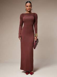 Silquee 女式纯色圆领长袖褶皱修身优雅连衣裙