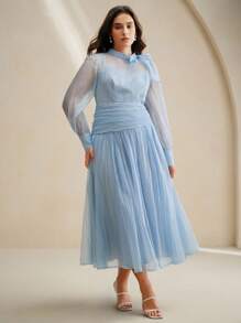 Anewsta Elegant Romantic Palace Banquet Stand Collar Bowknot Long Sleeve Ruched Shiny Long Plus Size Dress - Blue - View 3