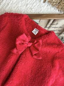 SHEIN Baby Girls' Autumn/Winter Warm Fleece Cardigan With Bow, Versatile And Elegant, Suitable For Outings Fall - Red - View 3