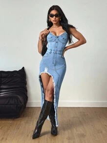 SHEIN Tall 女式高腰弹力做旧水洗牛仔连衣裙 - 中等水洗藍 - 查看 4