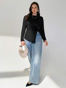 Auralis Áo thun nữ dáng ôm màu đen, thời trang xuân thu, thoải mái hàng ngày, không đối xứng, cỡ lớn, quần áo mùa thu, áo đi chơi, áo thun đen cong - màu đen - Xem 4