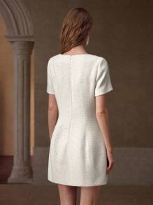 MOTF PREMIUM TWEED SQUARE NECK RHINESTONE DETAIL ZIPPER BACK SHORT DRESS - Apricot - View 4