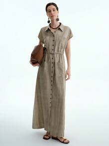 Aalyst Vestido largo de verano de línea A con bolsillo, cuello de camisa, manga corta, cintura con cordón, unicolor, estilo básico y versátil para mujer - Caqui - Ver 4