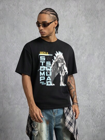 GODZILLAxKONG X SHEIN Camiseta de manga corta con cuello redondo con gráfico de letras y monstruo para hombre