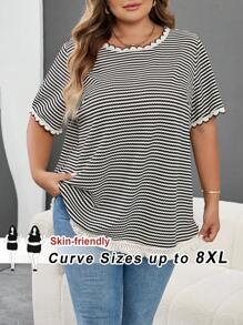 SHEIN CURVE+ 大码休闲学院风条纹T恤，秋季/假日女装，秋冬款，CURVE PLUS - 黑與白 - 查看 1