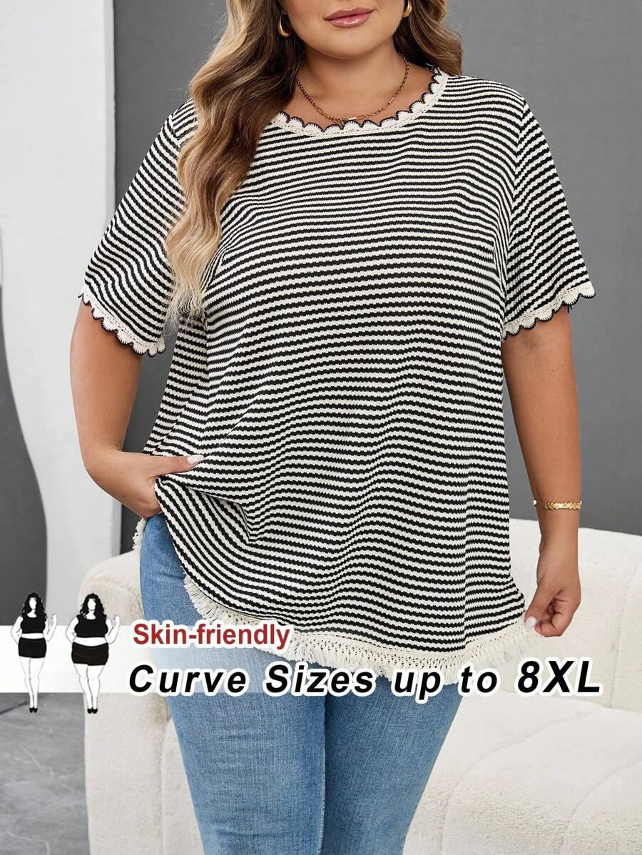 SHEIN CURVE+ 大码休闲学院风条纹T恤,秋季/假日女装,秋冬款,CURVE PLUS - 黑與白 - 查看 1