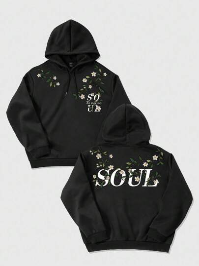 Street Life Fashionable Men's Black Hoodie Sweatshirt Without Pockets, Floral Print Pattern, Winter