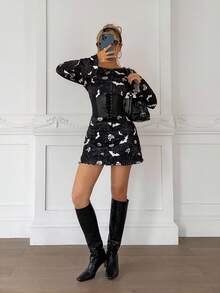 SHEIN Teen Girl Fitted Casual Comfortable Round Neck Long Sleeve Ruffle Hem Halloween Skull Print Dress - Black - View 1
