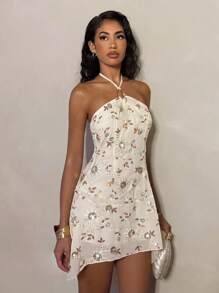 Glamine 女士橙色串珠性感无袖不对称下摆迷你露背度假派对连衣裙 - 杏色 - 查看 6