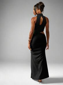 MISSGUIDED High Neck Sleeveless Ruched Maxi Dress With Side Cut Out Evening Party Formal Occasion Wedding Guest Fall Winter Spring - Black - View 2