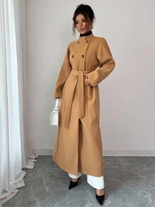 Elenzga Áo khoác dài cổ bẻ tay raglan hai hàng khuy xẻ tà buộc dây cho nữ - Màu Khaki - Xem 1