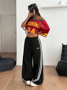 Coolane 女式秋季嘻哈运动休闲棉质织带阔腿运动裤 - 黑色 - 查看 4