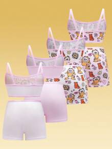 GARFIELD | SHEIN 4件套少女卡通图案吊带背心和短裤内衣套装 - 淺粉色 - 查看 2