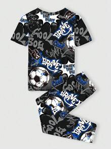 SHEIN 2 件装青少年男孩休闲卡通印花短袖 T 恤和裤子贴身家居服套装，春夏 - 白色 - 查看 2