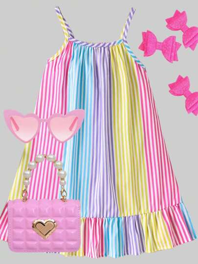 SHEIN Young Girl Woven Fabric Red Striped Digital Print Hem Ruffle Strap Sundress, Suitable For Summer Daily Wear, Outings, Vacations, Parties Summer Holiday