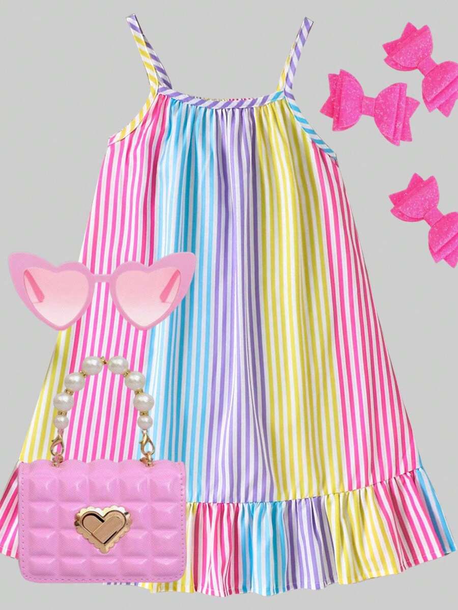 SHEIN Vestido de verano con tirantes y volante en el bajo, confeccionado en tejido de punto, con estampado digital de rayas rojas, adecuado para el uso diario, salidas, vacaciones y fiestas de niñas jóvenes - Multicolor - Ver 1