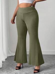 Elenzga Plus Size Women's New Asymmetric Waist Flare Knit Pants, Black, Loose Fit Elegant Office Wear Plus Size Flare Pants Plus Size Bell Bottoms Stretchy Pants Fall Cloth For Women