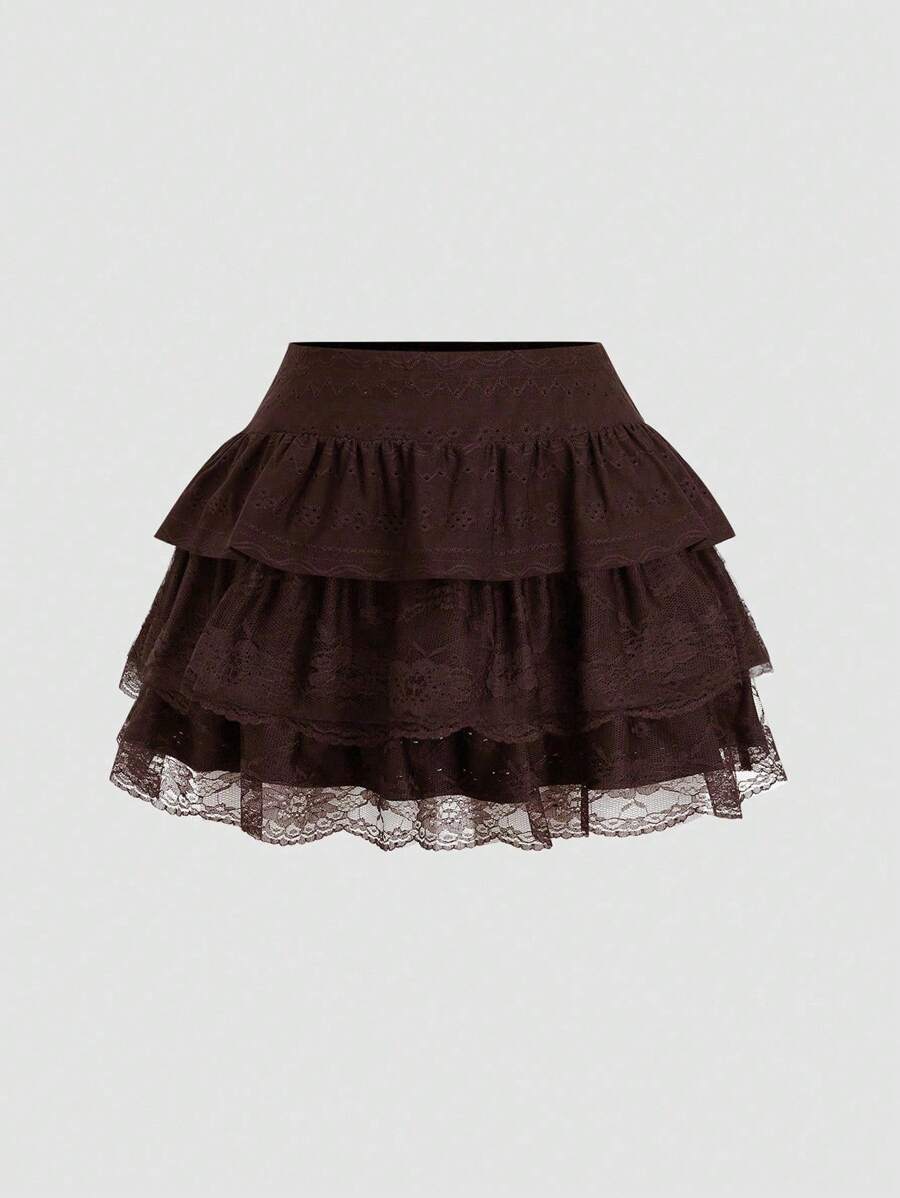 Sweetra Falda acampanada con volantes Y2K de tejido jacquard negro texturizado con encaje en contraste