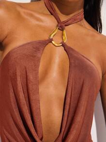 COSMINA Sultry Sleeveless Long Dress In Knitted Fabric With Split Thigh And Halter Neckline