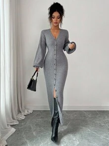 Siren Gaze 合身纽扣前开襟毛衣裙，V 领设计，独特灯笼袖，灰色 - 灰色 - 查看 5