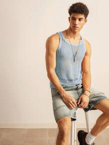 SWAVVY 男士针织时尚休闲宽松无袖毛衣背心 - 淺藍色 - 查看 2