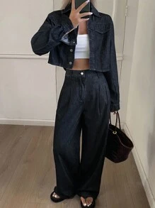 Livesso Women's Loose Fit Long Sleeve Top And Denim Pants Set, Autumn - Blue - View 3