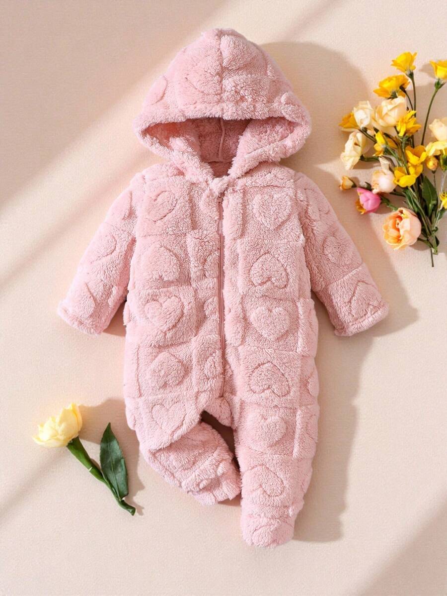 SHEIN Bebé niña Mono con patrón de corazón con capucha teddy - Rosa - Ver 1