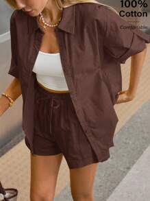 Siren Gaze 女士奶油黄短款套装 - 2025 夏季棉质休闲两件套：卷边短袖衬衫和短裤，海滩度假必备，透气机场装，商务休闲办公装 - 咖啡棕 - 查看 1