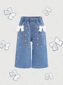 SHEIN Jeans pattes d'éléphant blanc avec nœud blanc et fausses perles blanches pour bébé fille. Tenue de plage pour fillettes, style de rue occidental, pantalon en jean pour festival rave, style années 2000 - Jean clair - Voir 1