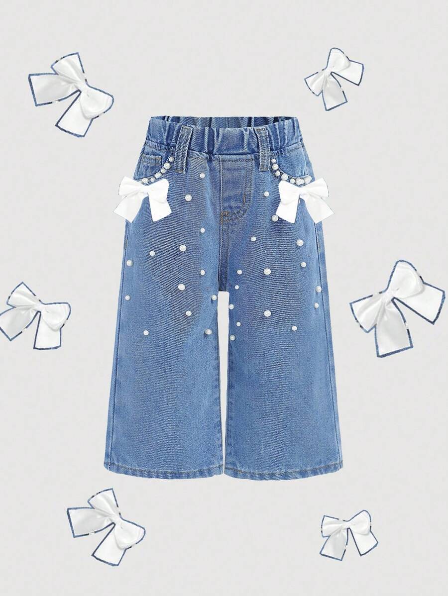 SHEIN Jeans pattes d'éléphant blanc avec nœud blanc et fausses perles blanches pour bébé fille. Tenue de plage pour fillettes, style de rue occidental, pantalon en jean pour festival rave, style années 2000 - Jean clair - Voir 1