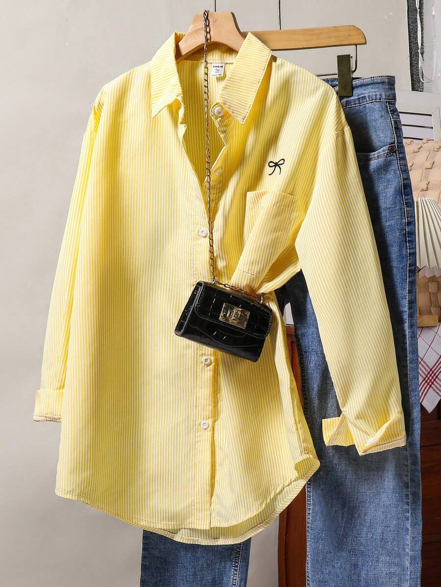 少女休闲条纹蝴蝶结刺绣衬衫 - 黃色 - 查看 1