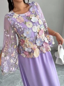 Elenzga Bộ 2 món áo lưới họa tiết hoa 3D thanh lịch cỡ lớn - Màu tím - Xem 5