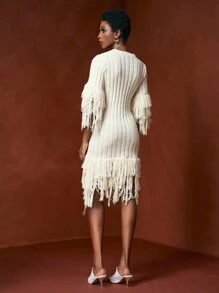 Zivah Off-White Autumn Elegant Party Ladies Sweater Dress,Round Neck Three-Quarter Sleeves Tassel Fringe Hem Ribbed Wool Mini Slim Dress Birthday Commuting - Apricot - View 2