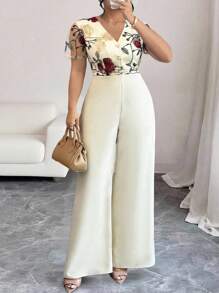 Elenzga Plus Size Floral Embroidered Mesh Stitching Elegant Short-Sleeved Jumpsuit - Apricot - View 4