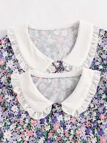 Girls' Cute Ditsy Floral Soft Flowing Peter Pan Collar Long Sleeve Dress With Ruffle Hem - Multicolor - View 6