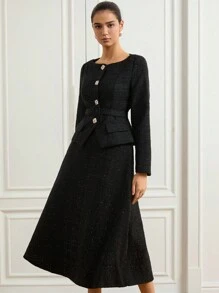 Aveloria Rosie 2 件套法式优雅衬衫和高腰 A 字长裙套装，修身黑色晚礼服 - 黑色 - 查看 4