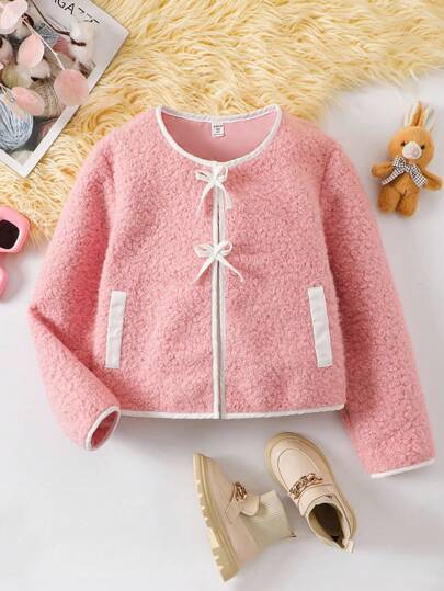 1pc Tween Girl Faux Fur Contrast Color Collar Bow Knot Outwear School Wear Girls Teddy Jacket