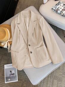 Franclia Áo blazer dáng suông dài tay, cổ ve lật, túi vá, chất liệu vải xương cá, thích hợp cho nữ mùa thu. - Màu be - Xem 3
