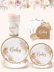 Set Peralatan Makan Sekali Pakai Tema Boho Hey Ba By, Dekorasi Pesta Selamat Datang Bayi, Piring Kertas, Serbet, Gelas, Set Peralatan Makan untuk Pesta Ulang Tahun, Pesta Menyambut Bayi, Pesta Pengungkapan Jenis Kelamin Bayi - MultiWarna - View 2