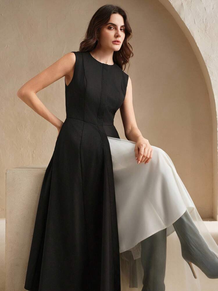 Women's Black Mesh Flared Skirt, Elegant A-Line Spring/Summer Holiday Dress