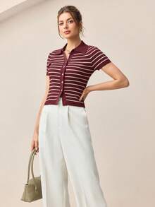 BizChic Áo khoác cardigan kẻ sọc cổ bẻ màu đỏ tía cài cúc phía trước dành cho nữ, sang trọng và thanh lịch, phù hợp cho đi làm trong thành phố, mặc hàng ngày, phong cách vintage lãng mạn thập niên 90, thích hợp cho Giáng sinh, Năm mới, Ngày Valentine, tiệc tùng, đi biển, lễ tốt nghiệp, đa năng và tối giản, phù hợp cho khách dự đám cưới, chủ nhà, hẹn hò, tiệc tùng, buổi hòa nhạc, bữa ăn sáng muộn, sân bay, kỳ nghỉ. - Màu Đỏ Sâu - Xem 5