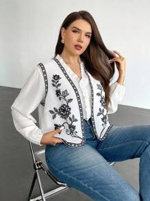 Firerie 大码优雅休闲度假西部复古学院风无袖夹克，花卉印花休闲背心 - 黑與白 - 查看 6