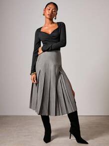 COSMINA 女式全印花百褶开衩优雅半身裙 - 黑與白 - 查看 6