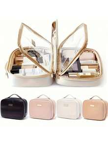 SHEIN Organisateur de maquillage de voyage élégant - Sac en PU spacieux avec porte-pinceaux amovible, compartiments transparents et fermeture éclair sécurisée